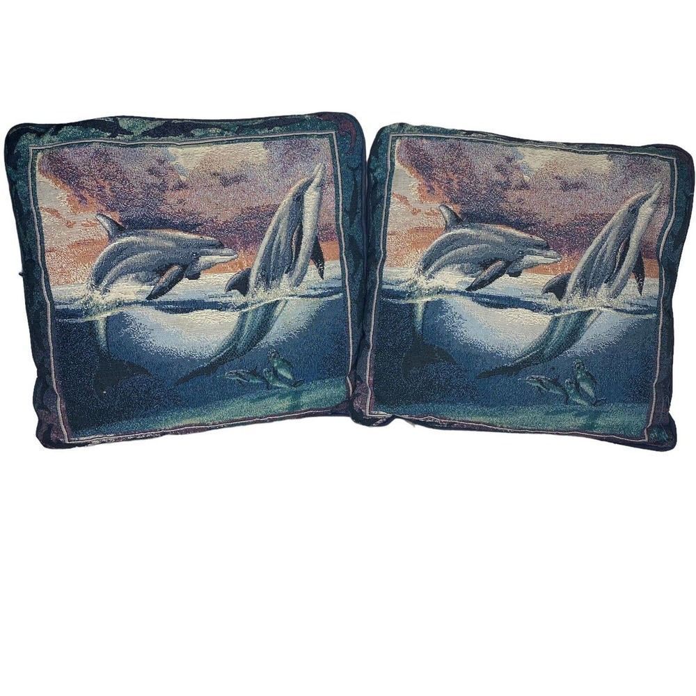 Vintage Needle Point Pillows Dolphins (2) 16"x16" Blue Ocean Life Porpoise Love